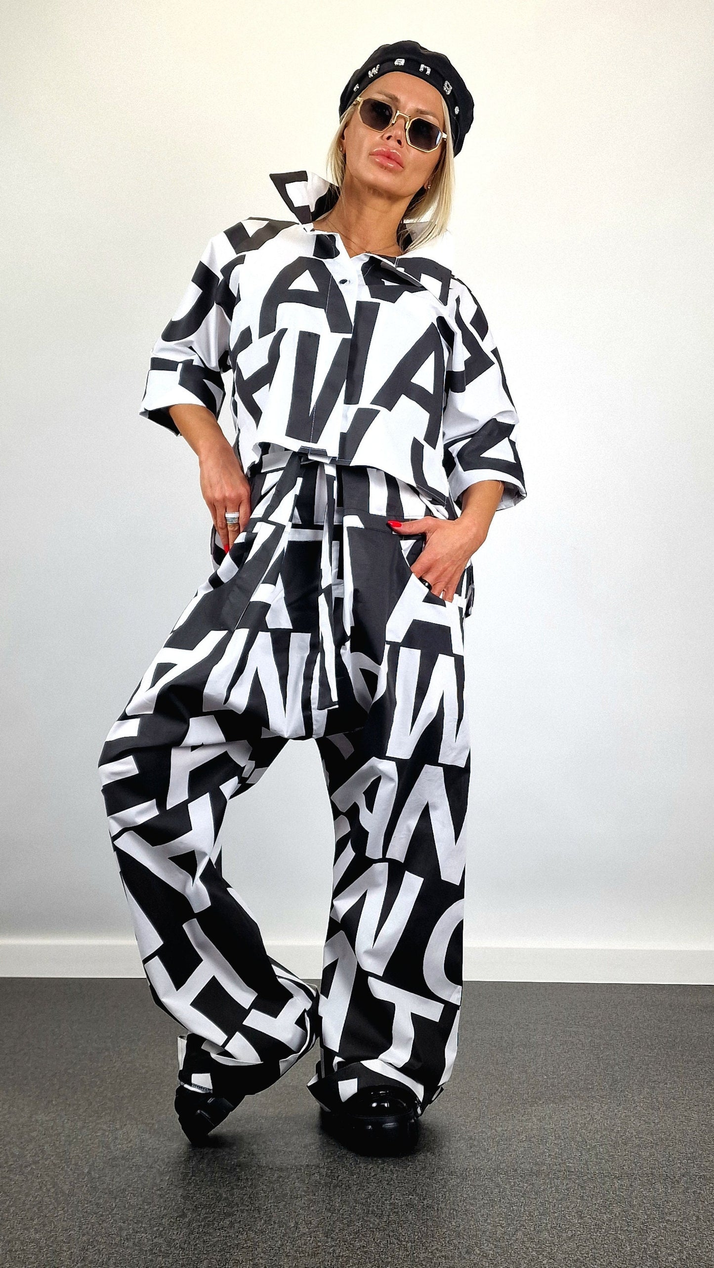 Avant-garde Suit, Cotton Jumpsuit with Short Shirt, Loose Harem Jumpsuit, Asimetric Top, Gothic Set, Extravagant Women Set, Black&White Set