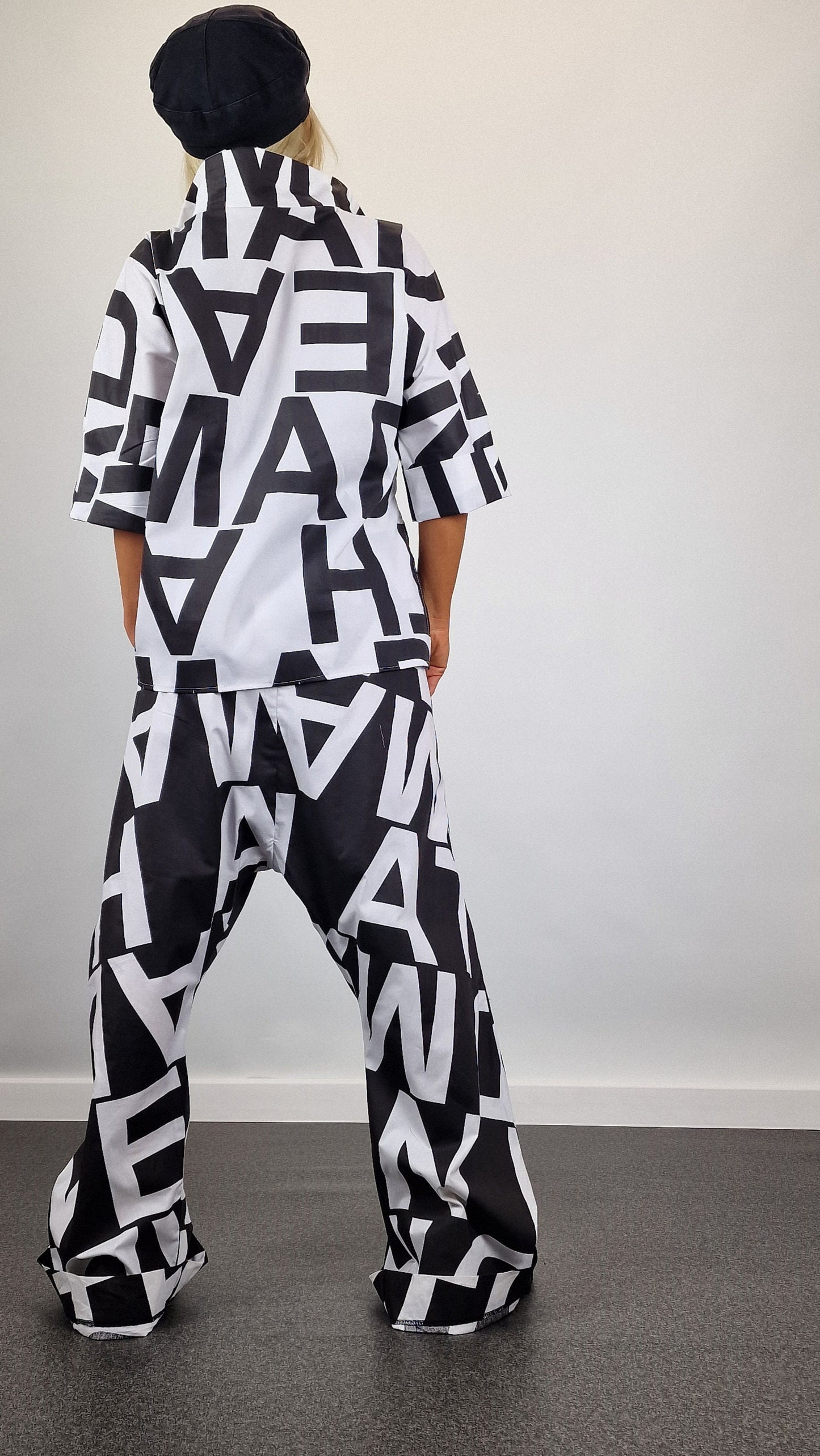 Avant-garde Suit, Cotton Jumpsuit with Short Shirt, Loose Harem Jumpsuit, Asimetric Top, Gothic Set, Extravagant Women Set, Black&White Set