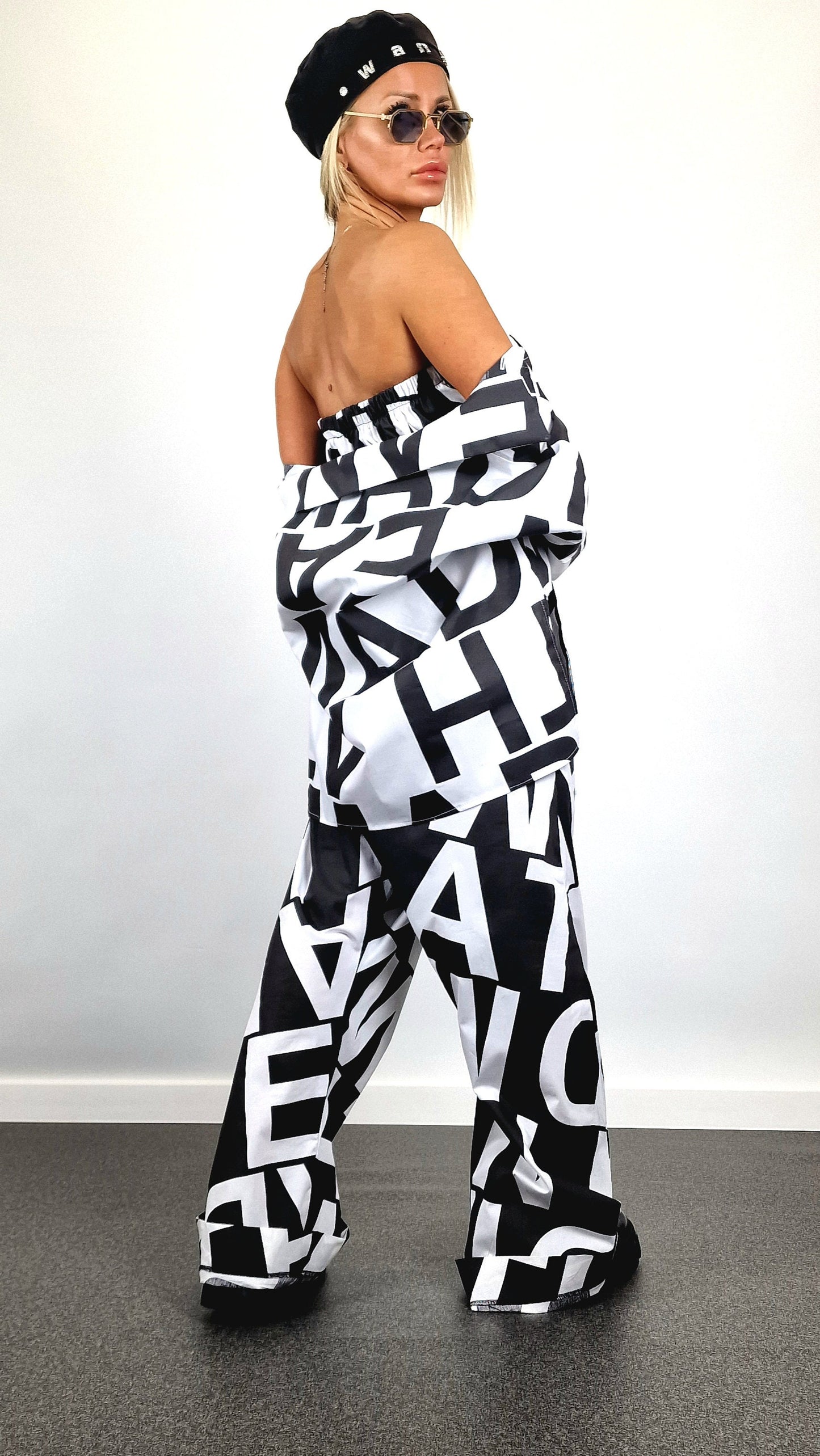 Avant-garde Suit, Cotton Jumpsuit with Short Shirt, Loose Harem Jumpsuit, Asimetric Top, Gothic Set, Extravagant Women Set, Black&White Set