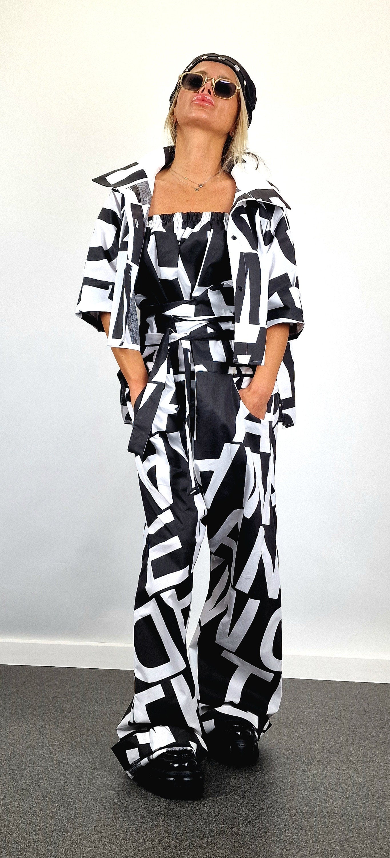 Avant-garde Suit, Cotton Jumpsuit with Short Shirt, Loose Harem Jumpsuit, Asimetric Top, Gothic Set, Extravagant Women Set, Black&White Set