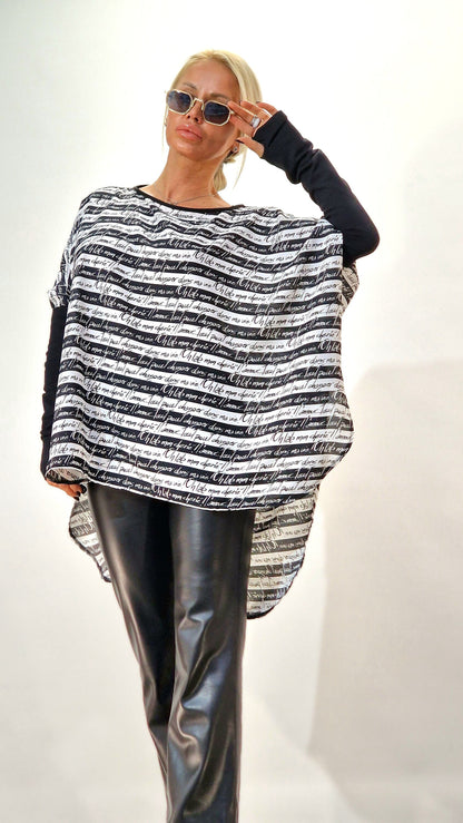 Black & White Tunic, Asimetric Top with Extra Sleeves , Maxi Tunic , Loose Women Tunic , Boho Tunic, Avant-garde Blouse, Designer Blouse