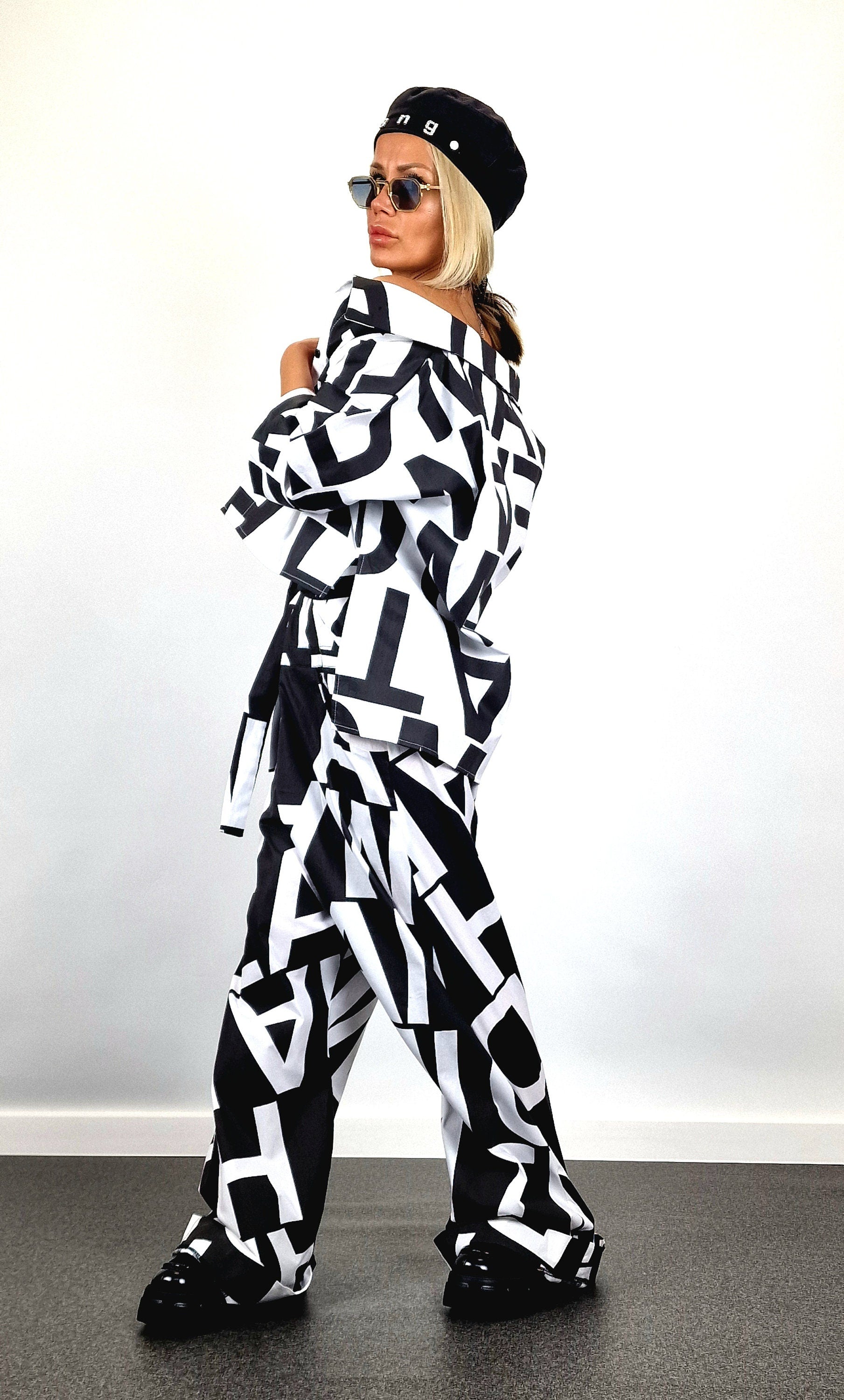 Avant-garde Suit, Cotton Jumpsuit with Short Shirt, Loose Harem Jumpsuit, Asimetric Top, Gothic Set, Extravagant Women Set, Black&White Set