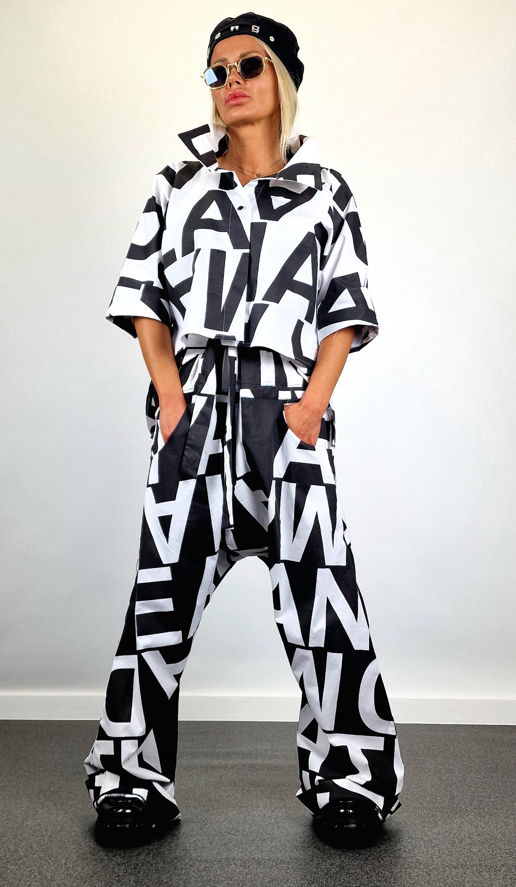Avant-garde Suit, Cotton Jumpsuit with Short Shirt, Loose Harem Jumpsuit, Asimetric Top, Gothic Set, Extravagant Women Set, Black&White Set