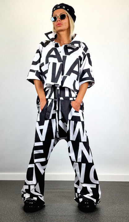 Avant-garde Suit, Cotton Jumpsuit with Short Shirt, Loose Harem Jumpsuit, Asimetric Top, Gothic Set, Extravagant Women Set, Black&White Set