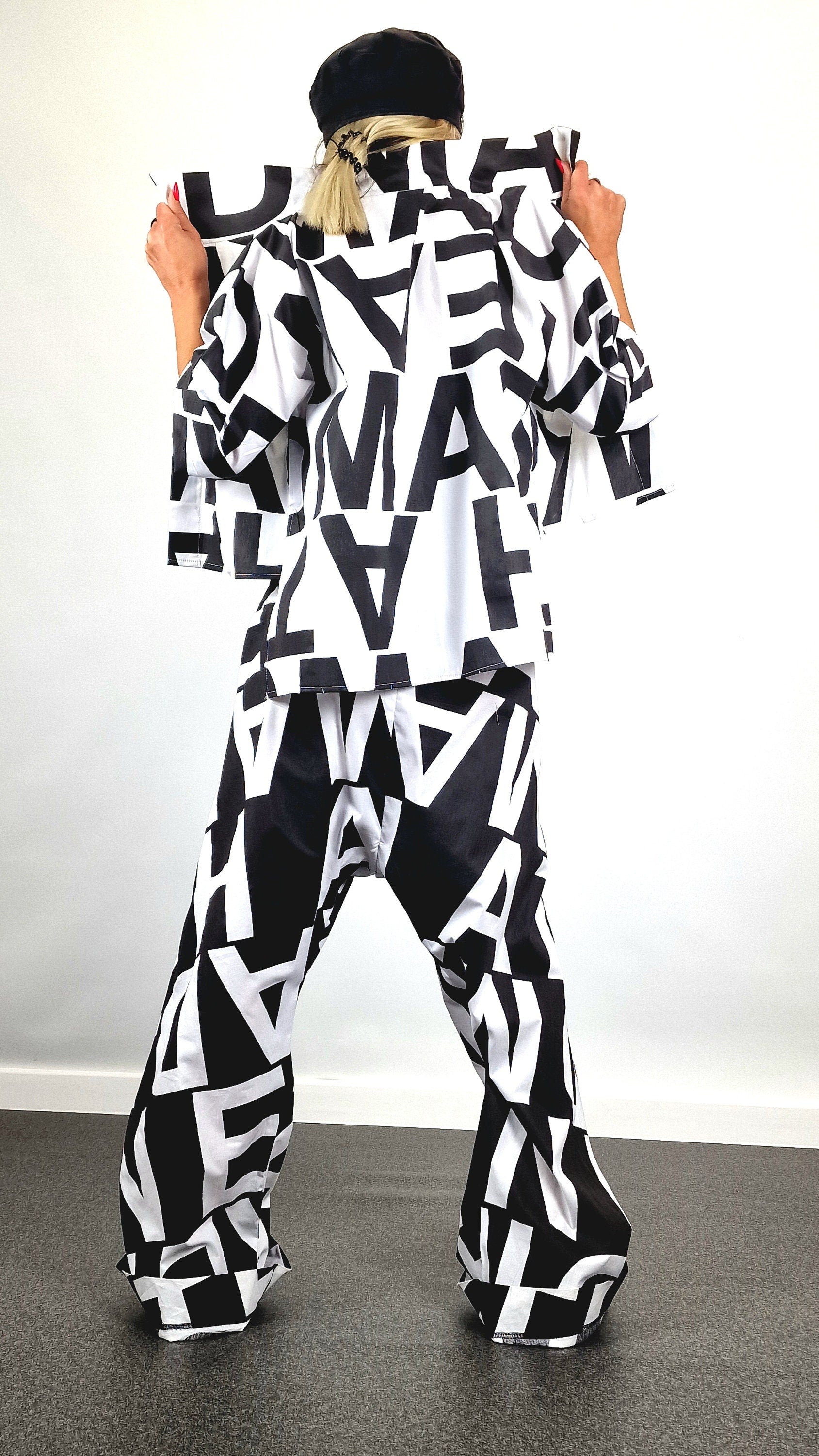 Avant-garde Suit, Cotton Jumpsuit with Short Shirt, Loose Harem Jumpsuit, Asimetric Top, Gothic Set, Extravagant Women Set, Black&White Set