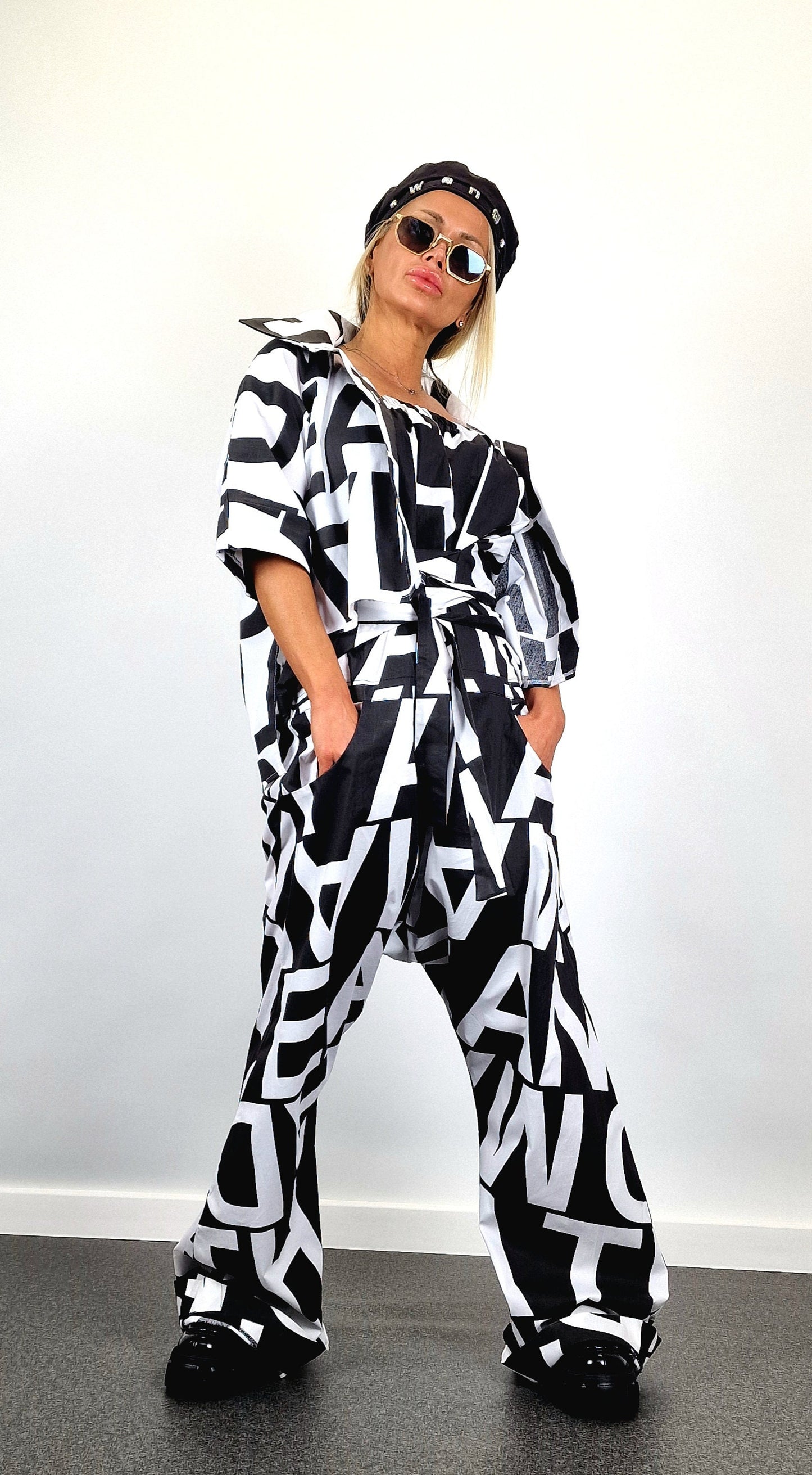 Avant-garde Suit, Cotton Jumpsuit with Short Shirt, Loose Harem Jumpsuit, Asimetric Top, Gothic Set, Extravagant Women Set, Black&White Set