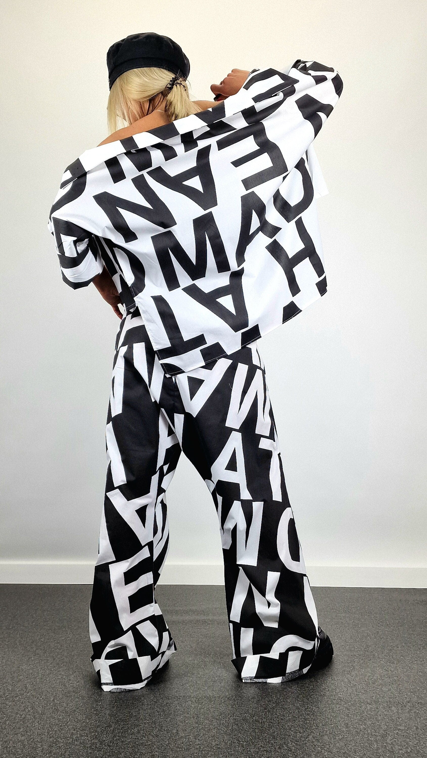 Avant-garde Suit, Cotton Jumpsuit with Short Shirt, Loose Harem Jumpsuit, Asimetric Top, Gothic Set, Extravagant Women Set, Black&White Set