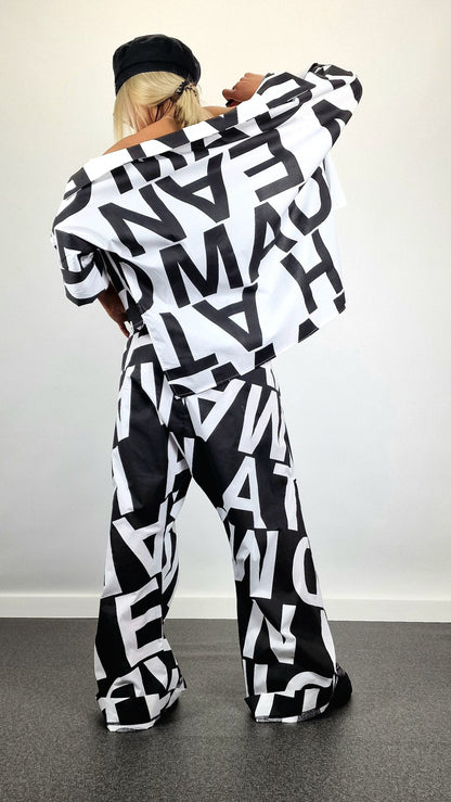 Avant-garde Suit, Cotton Jumpsuit with Short Shirt, Loose Harem Jumpsuit, Asimetric Top, Gothic Set, Extravagant Women Set, Black&White Set